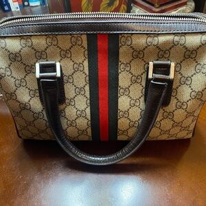 Brown Monogram Handbag with Red and Black Stripe